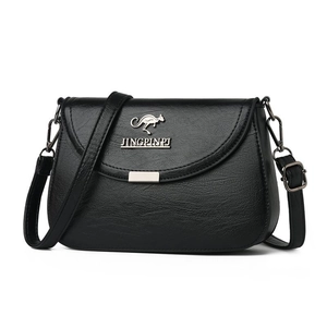 Classic black leather-textured crossbody bag for women with flap and kangaroo logo