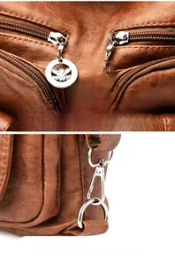 Detail of silver floral zipper pull and detachable swivel hook on brown litchi leather bag