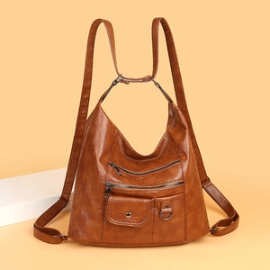 Sac à dos rétro en similicuir marron avec poches multiples et fermetures éclair en métal