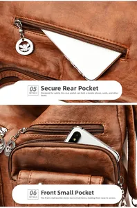 Detail of brown leather bag showing secure rear zip and front pocket with butterfly zipper