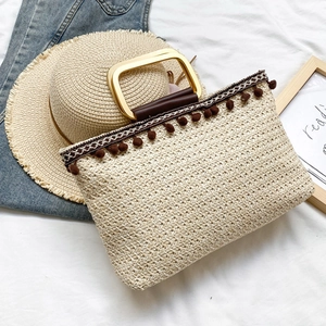 Bohemian Straw Woven Handbag With Metal Handle Pom Pom Decor Summer Beach Vacation Large Capacity Tote For Women