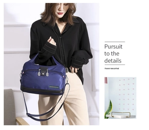 Close-up of waterproof Oxford fabric and metal zipper detail on the multi-pocket bag