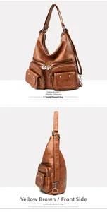 Close-up of yellow-brown soft leather backpack with functional zippers and side pockets