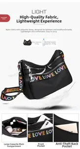 Detailed view of black nylon crossbody bag with 250g lightweight design and LOVE strap