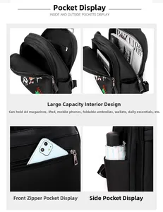Vue détaillée du sac à dos en nylon imperméable montrant l'intérieur et la broderie