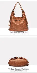 Rear and bottom view of yellow brown leather shoulder bag with zipper pocket