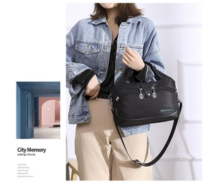 Detail of waterproof black nylon bag with multiple zipper pockets and adjustable strap
