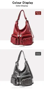 Detailed view of large capacity soft leather bags in burgundy and grey with multi-pockets