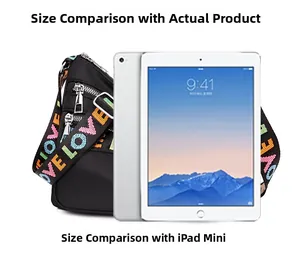 Oxford cloth crossbody bag with colorful LOVE strap showing size comparison to iPad