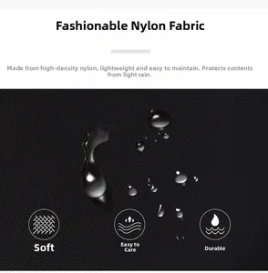 Close-up of waterproof high-density nylon fabric with water droplets on a black crossbody bag