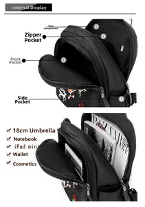 Détail des compartiments du sac à dos en nylon noir avec broderie de cerf coloré