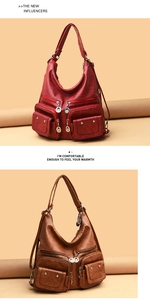 Detail showing soft lychee-grain leather shoulder bags in burgundy and dark brown colors