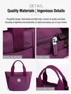 Detail van de versterkte stiksels en metalen rits van de paarse nylon draagtas voor dames