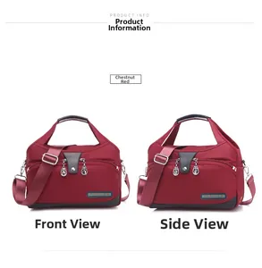 Front and side view of chestnut red water-resistant oxford nylon crossbody bag with zipper
