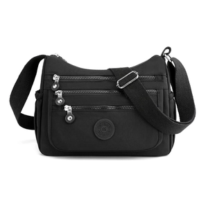Black nylon crossbody bag with multi-zipper compartments and adjustable wide strap