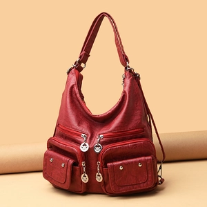 Women Shoulder Bag Multi-Pocket PU Leather Large Capacity Waterproof Vintage Casual Tote Handbag For Daily Use