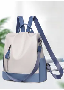 Detail view of the anti-theft zipper pocket on this soft PU leather two-tone backpack