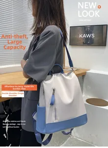 Detail showing dual shoulder and single shoulder straps on a two-tone PU leather backpack
