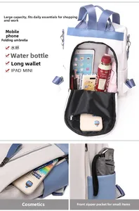 Detail of multi-compartment interior and side pockets showing large capacity backpack space