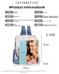 Detailed size specifications for the blue and white faux leather anti-theft backpack