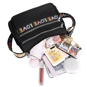 Large capacity black Oxford cloth crossbody bag with colorful LOVE embroidered strap