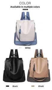 Vertical display showing soft PU leather backpacks in white-blue, black, and khaki colors