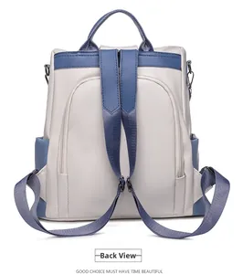 Back view of minimalist PU leather backpack with anti-theft zipper and blue straps