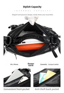 Detail showing high-capacity compartments and secure anti-theft pockets of the soft leather bag