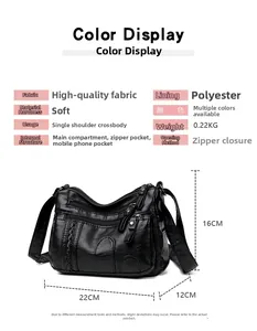 Detailed dimension guide for black multi-zipper PU leather crossbody bag with sizing specs