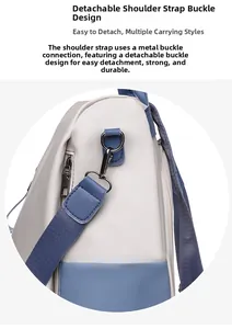 Detail of detachable shoulder strap with metal rotating buckle on PU leather backpack