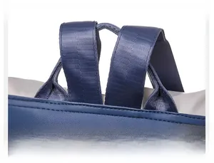 Macro shot of precise stitching and durable leather handle on dark blue fashion backpack