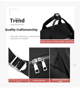 Détails du sac à dos en nylon noir montrant les boucles et les coutures renforcées