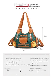 Detailed size chart for the tricolor leather handbag showing dimensions 25x10x16cm and specs