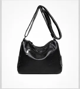 Detailed back view of black PU leather crossbody bag with functional zipper pocket