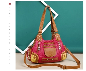 Detail of vintage patchwork leather bag with rivets, weaving, and multi-pocket design