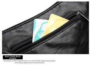 Detail of black pebbled leather crossbody bag with functional anti-theft back zipper pocket