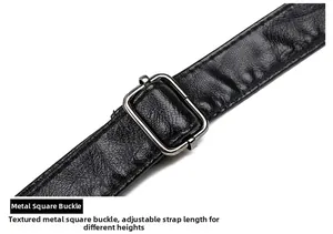 Detail of black lychee leather strap with adjustable silver square metal hardware buckle