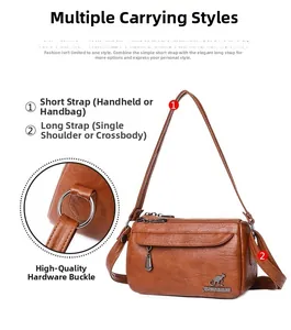 Detail of brown PU leather crossbody bag showing dual straps and textured metal hardware