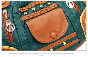 Detail of multi-color leather stitching and precision sewing on a luxury handbag