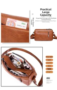 Detail view of brown soft PU leather crossbody bag with multi-compartment storage and rear zip