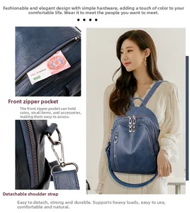 Detail of blue PU leather backpack featuring front zipper pocket and silver metal hardware