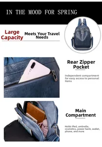 Detail view of large blue leather backpack interior showing iPad and daily essentials