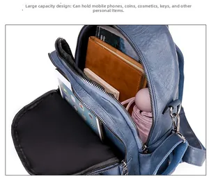 Deep blue pebble leather backpack with large capacity interior for tablet and daily items