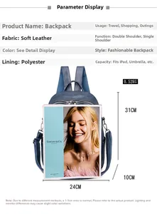 Blue soft PU leather backpack showing size 31x24x10cm with iPad and magazine comparison