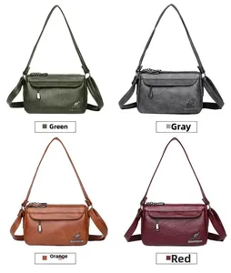 Detail showing soft PU leather crossbody bags in green, grey, orange, and red colors