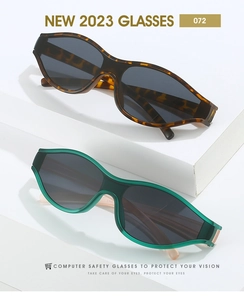 Detail view of tortoiseshell and translucent green cycling sunglasses on geometric steps