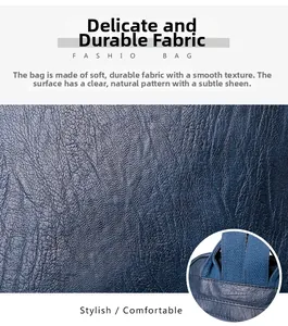 Close-up of blue faux leather texture with lychee grain and reinforced strap stitching