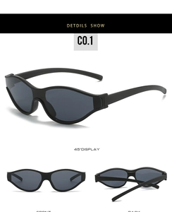 Three-view display of black aerodynamic sports sunglasses with grey lenses and cat-eye shape