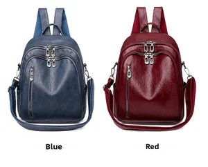 Detail view of large capacity vintage PU leather backpack with multi-zipper pockets