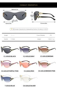 Detailed size specifications for Y2K oversized shield sunglasses with PC frame dimensions